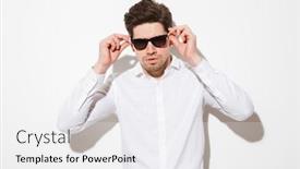  Presentation with fancy - Slide deck with fashion portrait of fancy man model dressed in shirt touching sunglasses and looking on camera with serious gaze over white background with shadow background and a white colored foreground