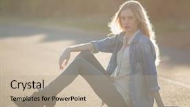  Presentation with road - Beautiful PPT layouts featuring fashion pout - attractive woman sitting on road backdrop and a coral colored foreground