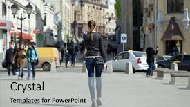  Presentation with sad woman walking - Slide set consisting of fashion pout - beautiful young woman walking background and a  colored foreground