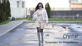  Presentation with street - Beautiful slide deck featuring fashion pout - beautiful young woman walking backdrop and a light blue colored foreground