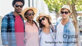  Presentation with summer camp group of diverse - Presentation theme enhanced with fashion pout - group of friends in sunglasses background and a  colored foreground