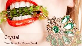  Presentation with emerald green ribbon - PPT theme with fashion pout - woman with bright red lips background and a lemonade colored foreground