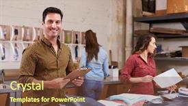  Presentation with packs - Colorful presentation theme enhanced with fashion retailer - hispanic man packs orders backdrop and a tawny brown colored foreground