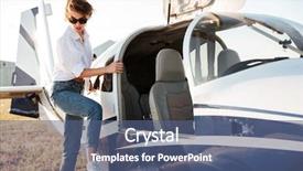  Presentation with airplane pilot - Presentation theme featuring fashion runway - beautiful young woman pilot going background and a ocean colored foreground