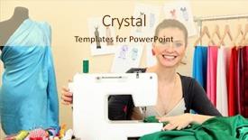  Presentation with beautiful young woman getting face - Slide deck featuring fashion sewing mechine - beautiful young dressmaker in workroom background and a cream colored foreground