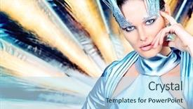 Presentation with futuristic - Audience pleasing PPT theme consisting of fashion shot of a beautiful young woman in futuristic costume backdrop and a sky blue colored foreground