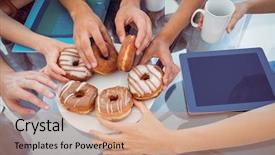  Presentation with college students and laptop - Colorful presentation enhanced with fashion students eating doughnuts backdrop and a coral colored foreground