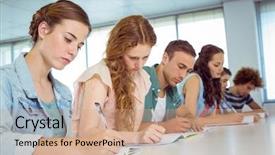  Presentation with taking notes - Presentation theme featuring fashion students taking notes in class at the college background and a coral colored foreground