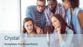  Presentation with college students - PPT theme with fashion students working as a team at the college background and a sky blue colored foreground