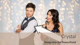  Presentation with party lights - Amazing PPT theme having fashion style and direction concept - happy couple with big arrow at party over festive lights background backdrop and a coral colored foreground