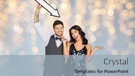 Presentation with party lights - Slides consisting of fashion style and direction concept - happy couple with big arrow at party over festive lights background background and a light blue colored foreground