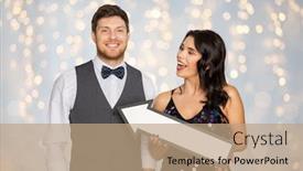  Presentation with party lights - Beautiful slides featuring fashion style and direction concept - happy couple with big arrow at party over festive lights background backdrop and a coral colored foreground