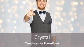  Presentation with happy holidays - PPT layouts enhanced with fashion style and gesture concept - happy man in festive suit pointing finger at you over holidays lights background background and a gray colored foreground