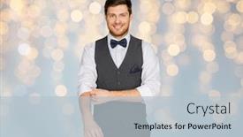  Presentation with party lights - Slide set consisting of fashion style and holidays concept - happy man in festive suit dressing for party and adjusting bowtie over lights background background and a lemonade colored foreground