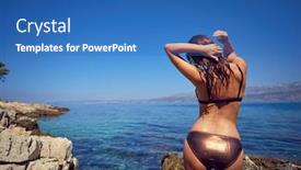  Presentation with green fashion - Amazing theme having fashion style full length portrait of young beautiful sexy tanned girl in white bikini at rocks near blue green clear ocean sea water backdrop and a teal colored foreground