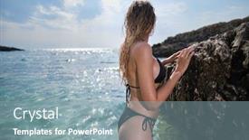  Presentation with water ocean - Amazing slide deck having fashion style portrait of young beautiful sexy tanned girl in bikini sitting at rocks near blue blue clear ocean sea water sunbathing woman vogue style backdrop and a mint green colored foreground
