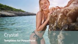  Presentation with water ocean - Beautiful PPT layouts featuring fashion style portrait of young beautiful sexy tanned girl in bikini sitting at rocks near blue blue clear ocean sea water sunbathing woman vogue style backdrop and a mint green colored foreground
