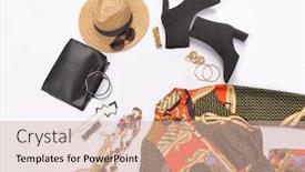  Presentation with fashion handbag - Audience pleasing theme consisting of fashion sundress with handbag hat sunglasses necklace on white background backdrop and a soft green colored foreground