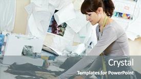  Presentation with portrait of excited overjoyed female - Slides enhanced with sewing careers - young female tailor worker portrait background and a coral colored foreground