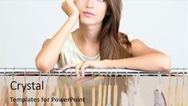  Presentation with fashion - Audience pleasing PPT layouts consisting of fashion wardrobe - beautiful young woman near rack backdrop and a coral colored foreground