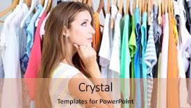  Presentation with thinking - Amazing slide deck having fashion wardrobe - beautiful young woman thinking what backdrop and a coral colored foreground