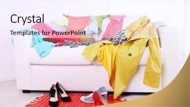  Presentation with clothing - Slide set consisting of fashion wardrobe - messy colorful clothing on sofa background and a sky blue colored foreground