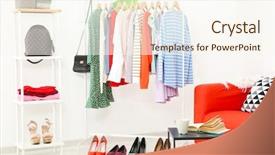  Presentation with clothing wooden clothes hanger object - Colorful theme enhanced with fashion wardrobe - rack with collection of clothes backdrop and a cream colored foreground