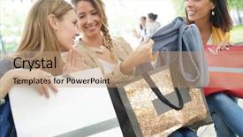  Presentation with public - Theme enhanced with fashion week - young women sitting on public background and a coral colored foreground