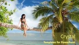  Presentation with palm tree - PPT theme featuring fashion woman siting upon palm tree on the beach background and a tawny brown colored foreground