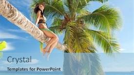 Presentation with palm tree - Presentation consisting of fashion woman siting upon palm tree on the beach background and a light blue colored foreground