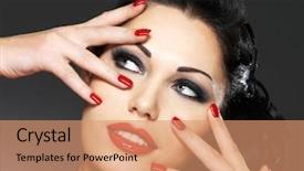  Presentation with makeup fashion model applying lipstick - Beautiful presentation featuring fashion woman with red nails backdrop and a coral colored foreground