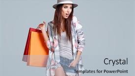  Presentation with fashion show on mental illness - Beautiful PPT layouts featuring fashion woman with shopping bags backdrop and a  colored foreground