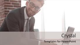  Presentation with desk - Audience pleasing theme consisting of fashion writer - businessman with glasses is sitting backdrop and a  colored foreground