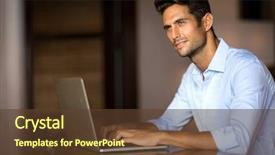  Presentation with laptop - Presentation featuring fashion writer - handsome man using laptop pensively background and a tawny brown colored foreground