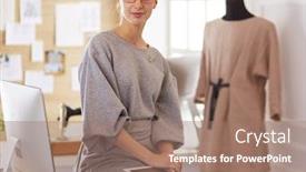  Presentation with measuring - Cool new slide deck with fashion-young-designer-woman-measuring backdrop and a coral colored foreground