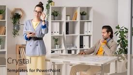  Presentation with woman office desk - PPT layouts featuring fashionable-colleagues-working-in-cozy background and a coral colored foreground