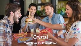  Presentation with burger - Presentation having fast casual - smiling woman feeding burger background and a  colored foreground