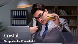  Presentation with burger - Audience pleasing slides consisting of fast customer support - businessman late at night eating backdrop and a  colored foreground