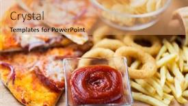  Presentation with food potato chips - Colorful PPT theme enhanced with fast food and unhealthy eating concept - close up of ketchup in glass bowl over pizza deep-fried squid rings potato chips peanuts and ketchup on wooden table backdrop and a coral colored foreground