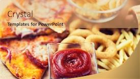  Presentation with food potato chips - Presentation theme having fast food and unhealthy eating concept - close up of ketchup in glass bowl over pizza deep-fried squid rings potato chips peanuts and ketchup on wooden table background and a coral colored foreground