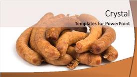  Presentation with sausages meatball - Colorful slides enhanced with fast food chain - sausages isolated on white background backdrop and a  colored foreground