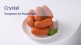  Presentation with white plate - Amazing theme having fast food chain - short thick sausages on white backdrop and a  colored foreground