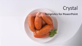  Presentation with white marble plate marble - Slides having fast food chain - short thick sausages on white background and a  colored foreground