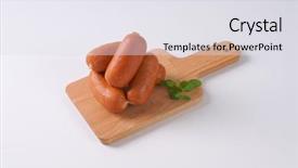  Presentation with cutting board - Cool new PPT theme with fast food chain - short thick sausages on wooden backdrop and a  colored foreground