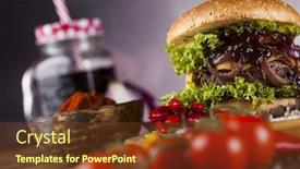  Presentation with fast food - Colorful presentation design enhanced with fast-food-hamburge-wooden-desk backdrop and a tawny brown colored foreground