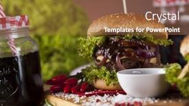  Presentation with fast food - PPT theme enhanced with fast-food-hamburge-wooden-desk background and a tawny brown colored foreground