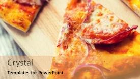  Presentation with italian food - Audience pleasing presentation theme consisting of fast food italian kitchen and eating concept - close up of homemade pizza slice on wooden table backdrop and a yellow colored foreground