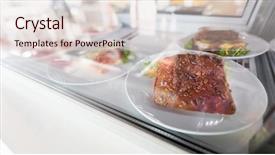  Presentation with junk food - Presentation theme consisting of fast food junk-food and unhealthy eating concept - close up of sandwich or burger in showcase of cafe or grocery store background and a lemonade colored foreground