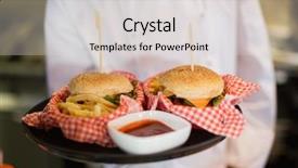  Presentation with burgers - Cool new slide deck with fast food restaurant - mid section of chef holding backdrop and a light gray colored foreground