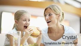  Presentation with fast food - PPT layouts with fast food restaurant - mother and daughter having lunch background and a coral colored foreground